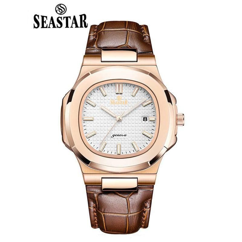 Men's Leather Square Watch with Quartz Movement