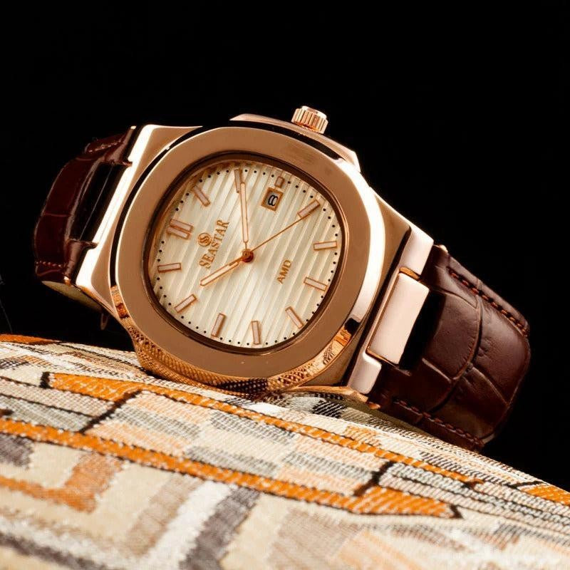 Men's Leather Square Watch with Quartz Movement